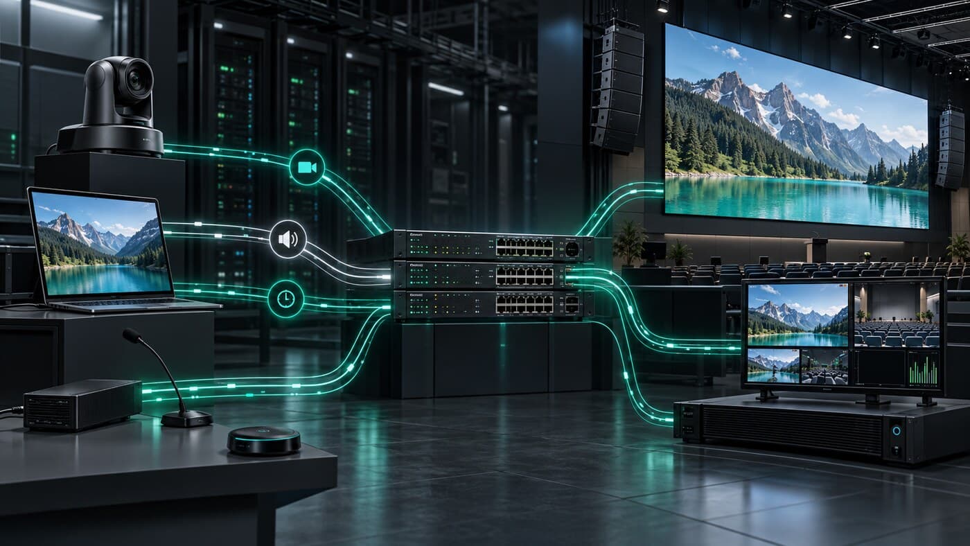 Professional AV sources and displays interconnected through an IPMX media network