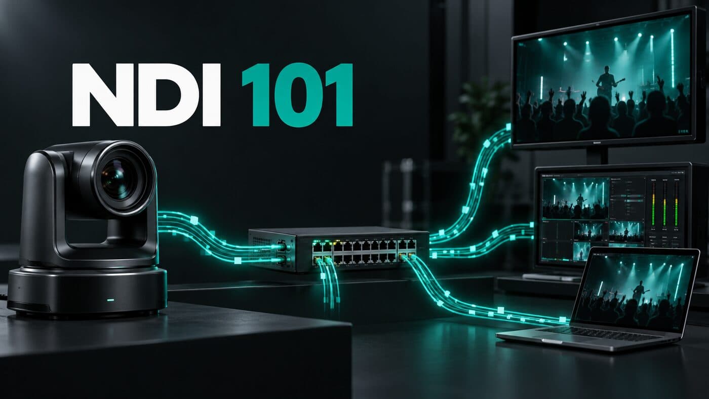 Professional PTZ camera distributing NDI video through an IP network to production displays